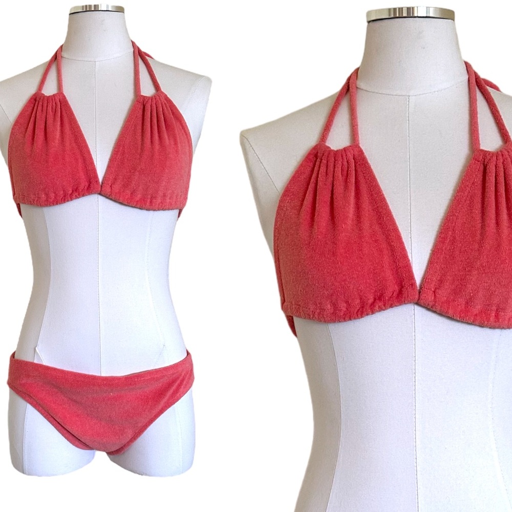 60-70s Vintage Bobbie Brooks Pink Terry Cloth Triangle Bikini Swimsuit